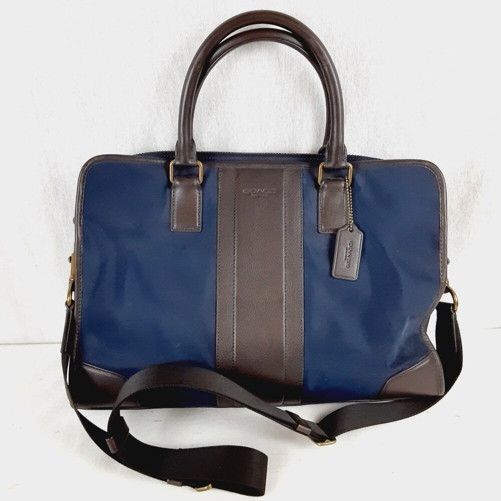 Coach #71545 Mens Two Way Nylon & Leather Blue Brown Briefcase Laptop Bag